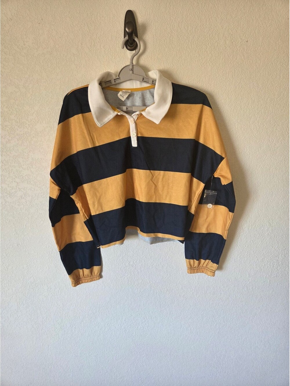 Derek Heart Women's XXXL Striped Rugby Long Sleeve Polo Shirt Yellow Navy Blue